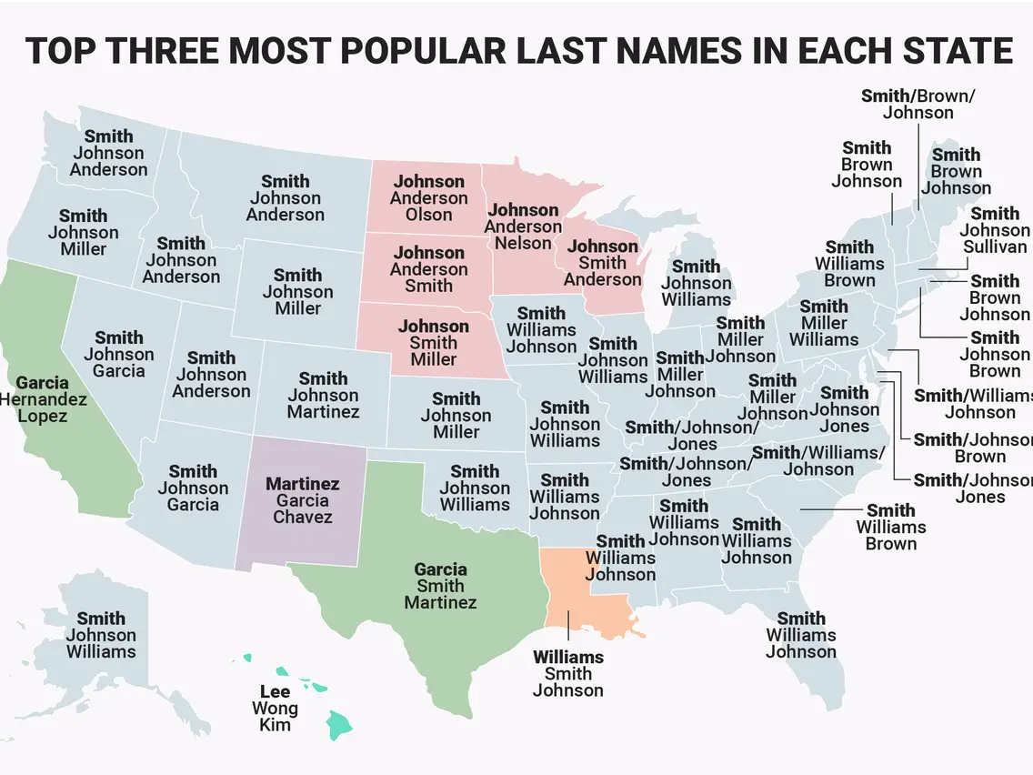 Sobrenomes mais populares por estado americano.